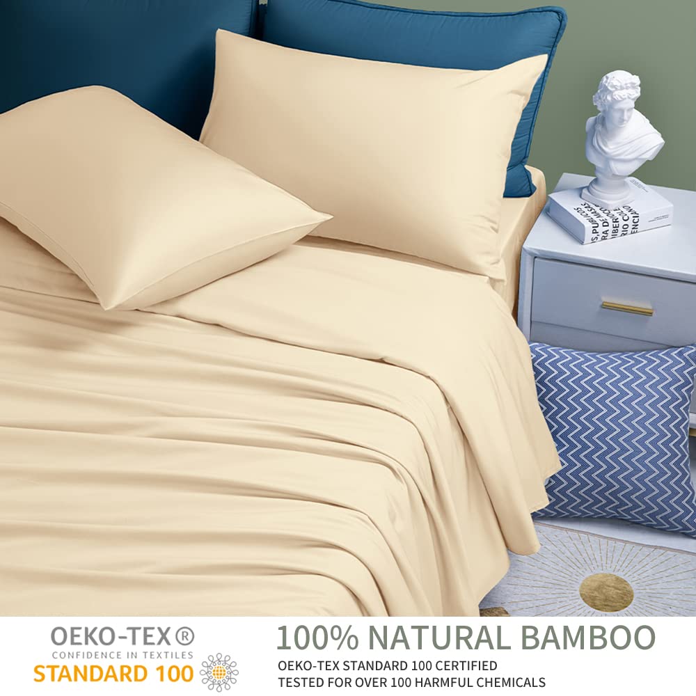 Shilucheng 100% Cooling Bamboo_ Sheets Set- Full Size 1800 Thread Count Soft Bed Sheets,16 Inch Deep Pocket,Breathable,Comfortable And Pilling Resistant -4Pc(Full,Beige)